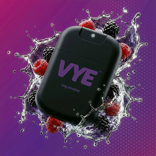 Black VYE device surrounded by berries and water splashes on a purple background. Berry flavour version.