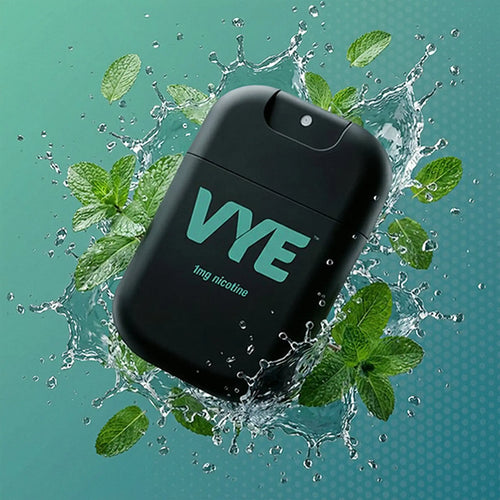 Black VYE device with mint leaves and water splashes on a teal background. Mint flavour version.