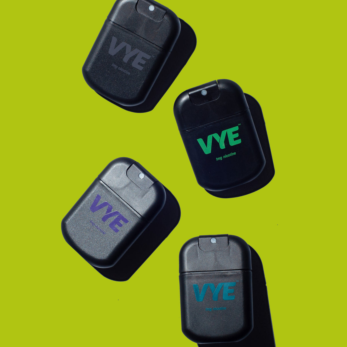 Four VYE Mist packs in Mint, Citrus, Berry, and Unflavoured on a light background.